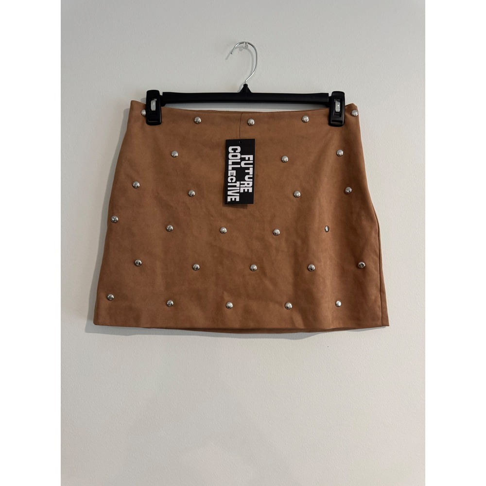 Future Collective Studded Faux Suede Mini Skirt Womens 8 Brown Boho festival